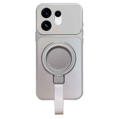 Capa Magnética com Suporte de Anel e Alça de Mão para Oppo Reno16 5G (Global) / Reno16 Pro 5G (Global), Acabamento Metálico em TPU, Cor Prata