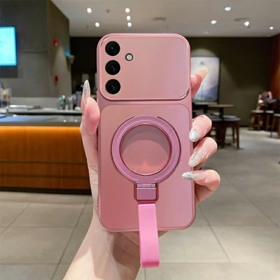 For Samsung Galaxy A27 5G Magnetic Case Hand Strap Ring Kickstand Metallic Finish TPU Phone Cover - Pink