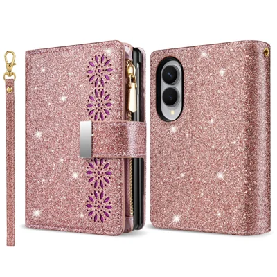 For Samsung Galaxy Z Fold8 Case Card Holder Starry Sky Carving PU Leather + PC Phone Cover - Rose Gold