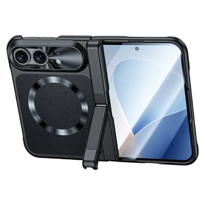 Für iPhone Fold Magnetische Hülle mit Scharnierständer, Hautfreundliches Berührungspolyurethan + PC Handy-Schutzhülle mit HD-Displayschutzfolie aus Hartglas - Schwarz