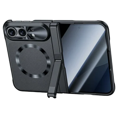 Für iPhone Fold Magnetische Hülle mit Scharnierständer, Hautberührung PU-Leder + PC-Handyhülle mit Anti-Spionage-Ausgeglichenes Glasfilm - Schwarz