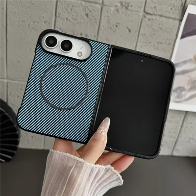 Für iPhone Fold Magnetische Hülle Karbonfaser-Optik PU-Leder + PC Klapphandyhülle - Babyblau