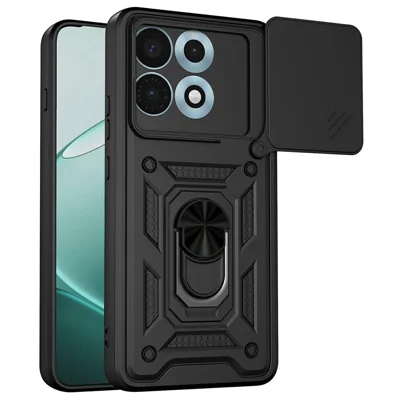 Für Motorola Edge 70 Max 5G Hülle mit verschiebbarem Kamera-Deckel PC + TPU Ständer Handyhülle - Schwarz