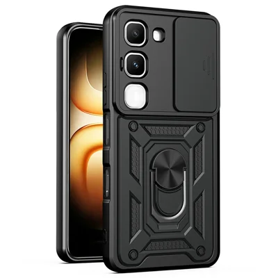 Coque pour Infinix Hot 70 Pro 5G avec couvercle coulissant pour appareil photo, PC + TPU, support pivotant - Noir