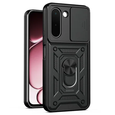 Voor OnePlus N6x 4G hoesje met schuifcamera deksel PC + TPU staander telefoonhoes - Zwart