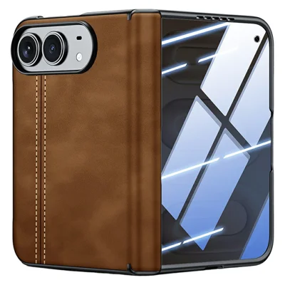 Für iPhone Fold Hülle Scharnier-Schutz Leder + PC Handyhülle mit Privatsphäre-Antibeschlagfolie - Braun
