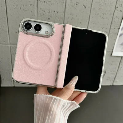 Für iPhone Fold Magnetische Hülle mit Litschi-Struktur aus Kunstleder + PC, elektroplattiert, stoßfest - Pink