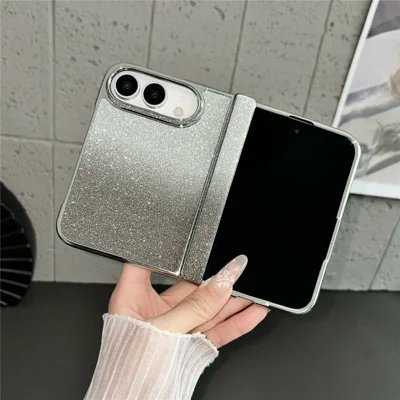 Für iPhone Fold Hülle Metallklappständer PC Galvanikrahmen Gradient Glitzer Klappbare Handyhülle - Schwarz