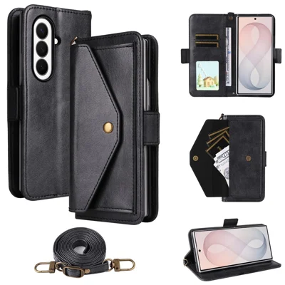 For Samsung Galaxy Z Fold8 Ultra Læder Case Magnetlukning Wallet Stående Telefonbeskyttelse med Crossbody Snor - Sort