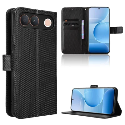 For vivo V80 Lite 5G (IN / PK) / vivo S2 5G Leather Wallet Case with Strap Diamond Texture Phone Cover - Black