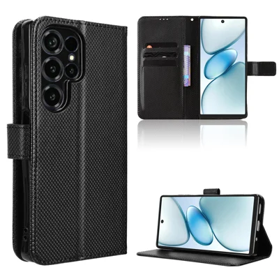  For Oukitel C66 Leather Wallet Case with Strap Diamond Texture Phone Cover - Black