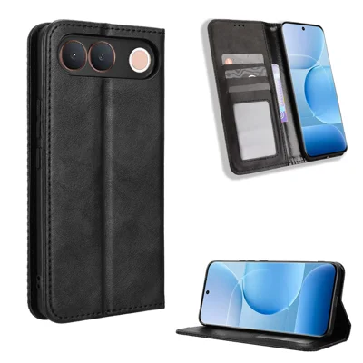 For vivo V80 Lite 5G (IN / PK) / vivo S2 5G Leather Case Wallet Stand Retro Texture Phone Cover - Black