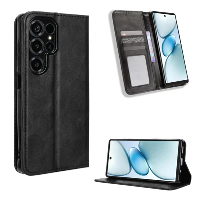  For Oukitel C66 Leather Case Wallet Stand Retro Texture Phone Cover - Black