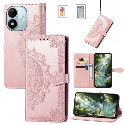 Leerhoes voor Xiaomi Redmi Note 17 4G (Global) / Note 17 (India / China) 5G / Note 17 5G (Global) met Mandala Bloem Portefeuilledekking inclusief Gehard Glas Folie - Roze Goud