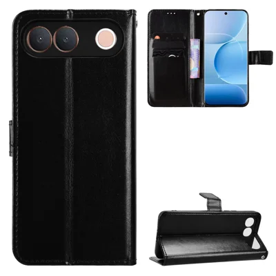 For vivo V80 Lite 5G (IN / PK) / vivo S2 5G PU Leather Case with Strap Crazy Horse Texture Phone Wallet Cover - Black