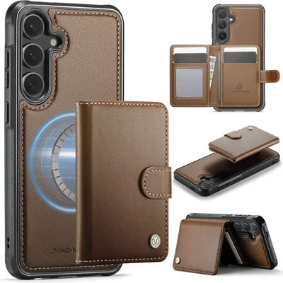  JEEHOOD til Samsung Galaxy S26 FE Magnetisk Case J09 RFID-blokerende Kortholder Læder Bagdæksel - Brun