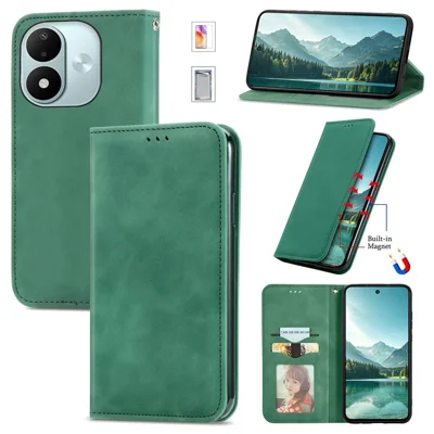 Lederen hoes voor Xiaomi Redmi Note 17 4G (Global) / Note 17 (India / China) 5G / Note 17 5G (Global), met kaarthouder en magnetische sluiting, telefoonhoes met gehard glas - Groen
