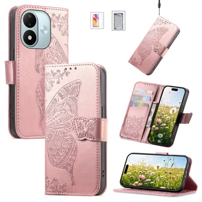 Portefeuillehoesje voor Xiaomi Redmi Note 17 4G (Global) / Note 17 (India/China) 5G / Note 17 5G (Global), met vlindermotief, PU-lederen telefoonhoes met gehard glas schermprotector - Roze goud