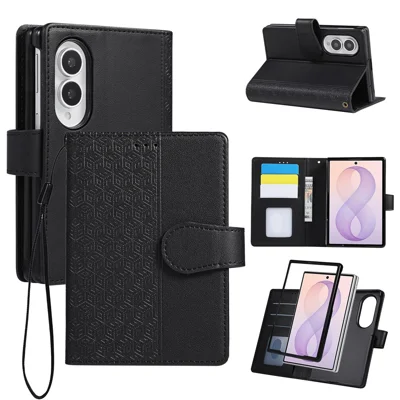 Zachte Leren Wallet Hoesje voor Samsung Galaxy Z Fold8 met Ruitmotief en Polsbandje - Zwart