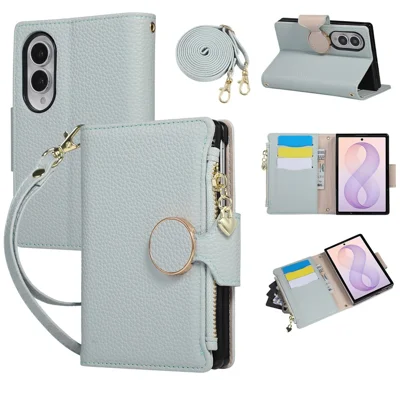 For Samsung Galaxy Z Fold8 Case Zipper Wallet Leather Phone Cover with Wrist Strap - Cyan