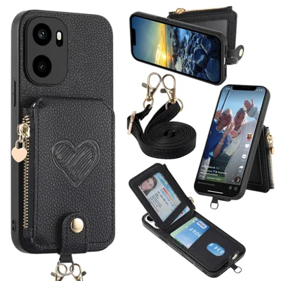 Voor OnePlus Ace 6 5G / Ace 6T 5G Hoesje Met Pasjeshouder, Ritsvak, Hartpatroon, Lederen Achterkant met Crossbody-band - Zwart