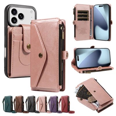  For iPhone 17 Pro / iPhone 18 Pro Magnetisk Case med Aftagelig RFID-blokerende Wallet PU-læder + Matt TPU Telefonbeskyttelse med Remme - Rosenød