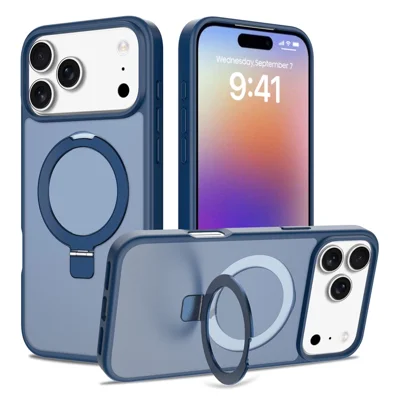 For iPhone 18 Pro / 17 Pro Case Magnetic Kickstand PC + TPU Matte Finish Shockproof Phone Protective Cover - Dark Blue