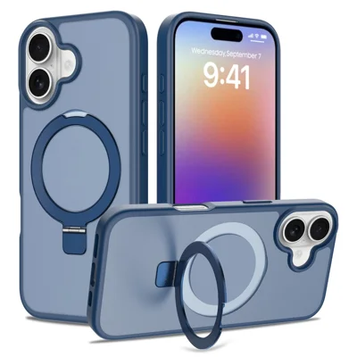 Voor iPhone 17 Hoesje Magnetische Kickstand PC + TPU Matte Afwerking Stootvaste Telefoonbeschermhoes - Donkerblauw