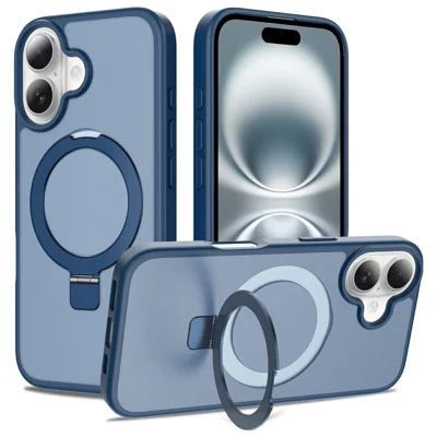 Voor iPhone 16 Plus Hoesje Magnetische Standring PC + TPU Matte Afwerking Stootvaste Telefoonbeschermhoes - Donkerblauw