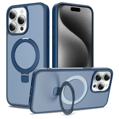 Voor iPhone 15 Pro Max hoesje Magnetische standaard PC + TPU Matte afwerking Stootvrij beschermhoesje - Donkerblauw