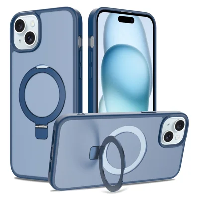 For iPhone 15 Plus / 14 Plus Case Magnetic Kickstand PC + TPU Matte Finish Shockproof Phone Protective Cover - Dark Blue
