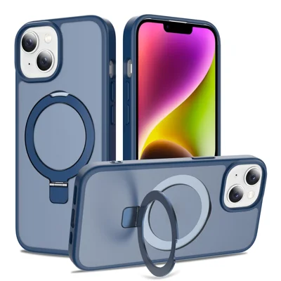 Phone Case for iPhone 15 / 14 / 13 , Magnetic Kickstand PC + TPU Matte Finish Shockproof Protective Cover - Dark Blue