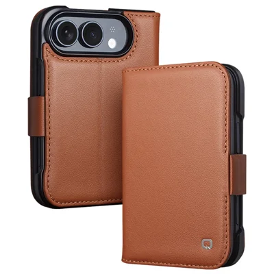 QIALINO iPhone Fold Hülle Echtes Rindsleder + PC Vollschutz-Handyhülle - Golden Braun
