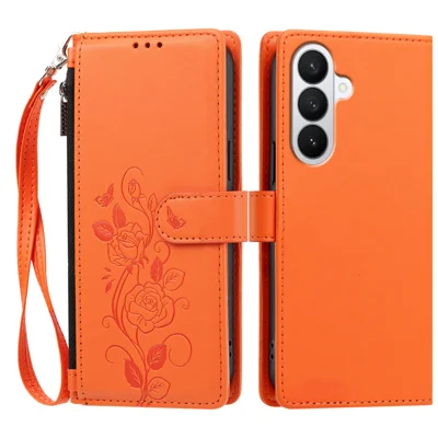  For Samsung Galaxy S27+ Case Rose Pattern Imprinted Wallet Stand PU Leather Phone Cover with Wrist Strap - Orange