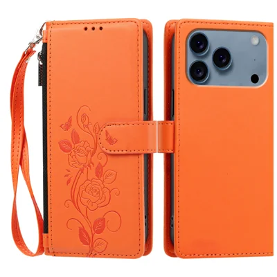  For iPhone 17 Pro Max / iPhone 18 Pro Max Case Rose Pattern Imprinted Wallet Stand PU Leather Phone Cover with Wrist Strap - Orange