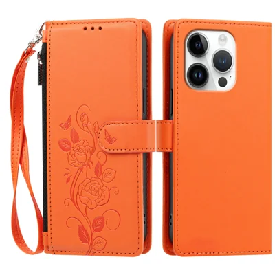  For iPhone 16 Pro Case Rose Pattern Imprinted Wallet Stand PU Leather Phone Cover with Wrist Strap - Orange