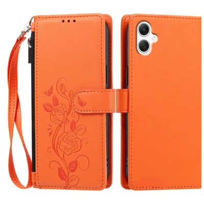 Für Samsung Galaxy M17e 5G / Galaxy M07 4G / Galaxy F07 4G / Galaxy A08 4G / Galaxy A07 4G / Galaxy A07 5G / Galaxy A06 4G / Galaxy A06 5G / Galaxy A08 5G Hülle Rosendesign geprägt, Portemonnaie-Standplatz, PU-Leder-Handyhülle mit Handschlaufe - Orange