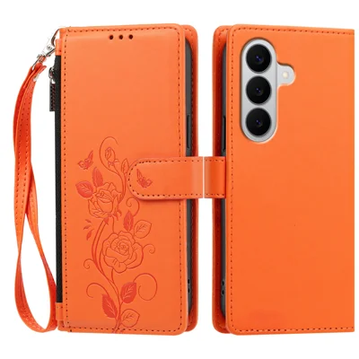 For Samsung Galaxy A18 4G / A18 5G / A17 5G / A17 4G / A26 5G / F17 5G / M17 5G Case Rose Pattern Imprinted Wallet Stand PU Leather Phone Cover with Wrist Strap - Orange