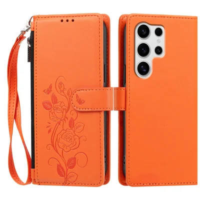  For Samsung Galaxy S25 Ultra Case Rose Pattern Imprinted Wallet Stand PU Leather Phone Cover with Wrist Strap - Orange