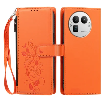  For Realme GT 8 Pro 5G Case Rose Pattern Imprinted Wallet Stand PU Leather Phone Cover with Wrist Strap - Orange