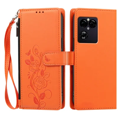 Funda con cartera y soporte para Sony Xperia 1 VIII, con diseño de rosa impresa, carcasa de cuero PU con correa de mano - Naranja