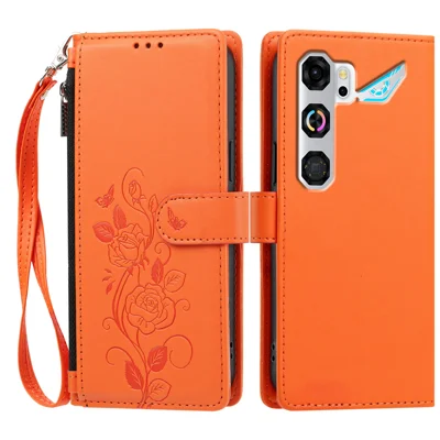 Capa de Carteira com Estampa de Rosa para ZTE nubia Neo 5 GT 5G, Capa com Suporte e Alça de Pulso em Couro PU - Laranja