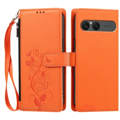  For Sony Xperia 10 VII / Sony Xperia 10 VIII Case Rose Pattern Imprinted Wallet Stand PU Leather Phone Cover with Wrist Strap - Orange