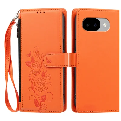  For Google Pixel 11a Case Rose Pattern Imprinted Wallet Stand PU Leather Phone Cover with Wrist Strap - Orange