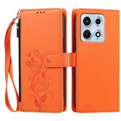 Für Motorola Edge 70 Max 5G Hülle Rosenmuster geprägt, Brieftasche Ständer PU Leder Handyhülle mit Handschlaufe - Orange