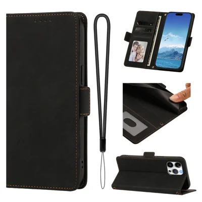  For iPhone 16 Pro Max Case Skin-touch PU Leather Flip Wallet Phone Cover with Wrist Strap - Sort