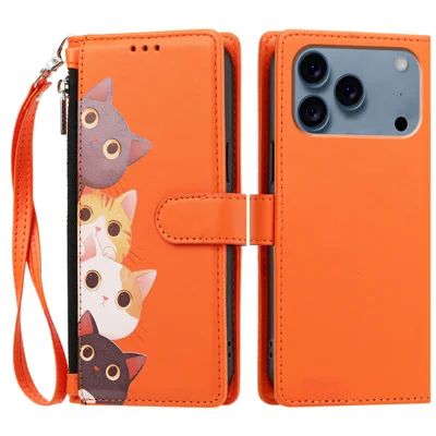  For iPhone 17 Pro / iPhone 18 Pro Case Cute Cat Pattern PU Leather Flip Wallet Phone Cover with Wrist Strap - Orange