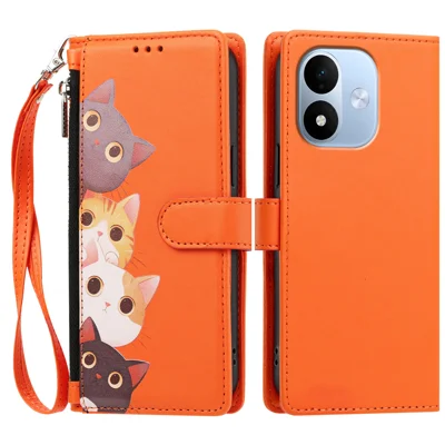 Fliphoesje met Kattentekening van PU-leer voor Xiaomi Redmi Note 17 (India/China) 5G / Xiaomi Redmi Note 17 5G (Global) / Xiaomi Redmi Note 17 4G (Global), met portefeuille, polsbandje - Oranje