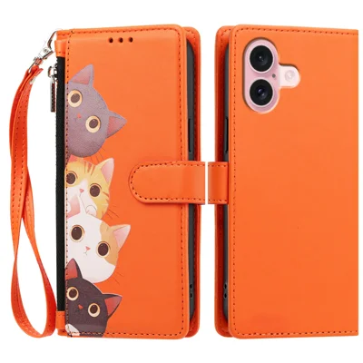  For iPhone 16 Case Cute Cat Pattern PU Leather Flip Wallet Phone Cover with Wrist Strap - Orange