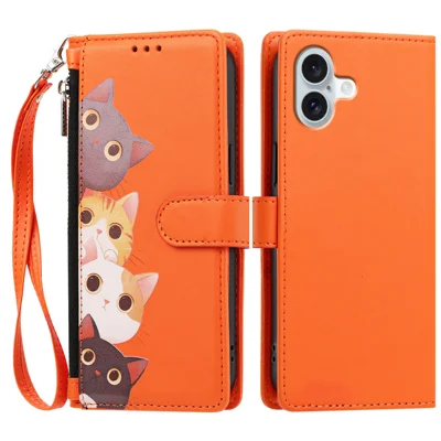  For iPhone 16 Plus Case Cute Cat Pattern PU Leather Flip Wallet Phone Cover with Wrist Strap - Orange